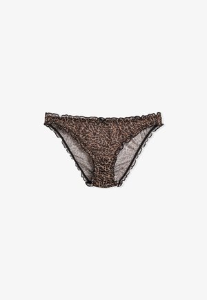 Panties mit Leopardenmuster, schwarzer Spitzenverzierung und gerafften Rändern. Durchsichtiger Stoff mit einer gerafften Textur vorne. Klassische Bikiniform.