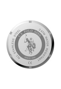 Retro della cassa in acciaio inossidabile con logo inciso di due giocatori di polo, "3 ATM resistente all'acqua" e testo "dal 1890".