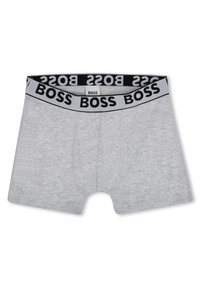 Boxer-briefs gris avec une taille noire arborant le texte répété "BOSS". Le matériau semble doux, avec une texture lisse et un design de coupe classique.
