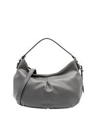Borsa a spalla in pelle grigia con forma arrotondata, dettagli plissettati e manici neri. Presenta accenti in metallo dorato. Texture liscia.