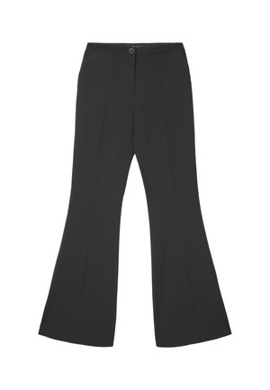 Pantaloni neri a zampa realizzati in tessuto liscio, con apertura frontale piatta, chiusura con un solo bottone e due tasche laterali. Design sartoriale con linee pulite.