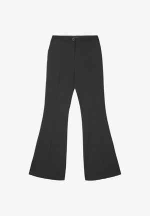 Pantaloni neri a zampa realizzati in tessuto liscio, con apertura frontale piatta, chiusura con un solo bottone e due tasche laterali. Design sartoriale con linee pulite.