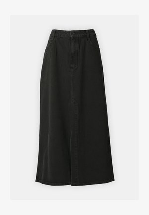 Čierna denimová sukňa strednej dĺžky, s prednými vreckami, zapínaním na gombík a rovnou spodnou lemovaním. Hladká textúra a klasický dizajn.