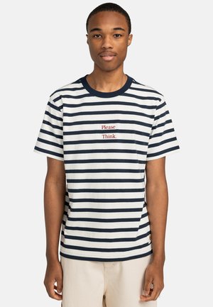Striped t-shirt in navy and white cotton, featuring red embroidered text "Please Think." Round neckline and short sleeves.