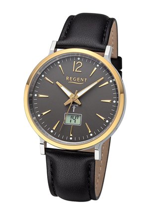 Montre analogique avec un bracelet en cuir noir, un cadran noir rond, des accents dorés, un boîtier en acier inoxydable argenté et un affichage numérique de la température.