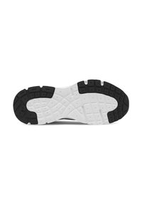 Suela de zapato deportivo en blanco y negro con un patrón texturizado que presenta agarres rectangulares y acentos circulares para tracción y durabilidad.