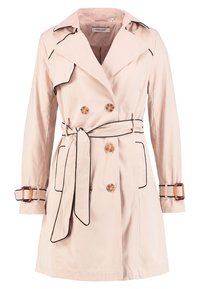 Trench-coat rose pâle à double boutonnage avec passepoil noir, ceinture à la taille, poignets boutonnés et deux poches avant.