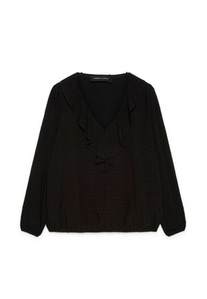 Czarna bluzka z długim rękawem o delikatnej kropkowanej fakturze, dekoltem w serek i falbaną opadającą wzdłuż przedniego rozcięcia.