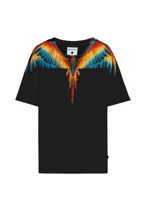 T-shirt nera a maniche corte con grafica vivace di ali piumate multicolore sul davanti, con scollo rotondo e vestibilità comoda.
