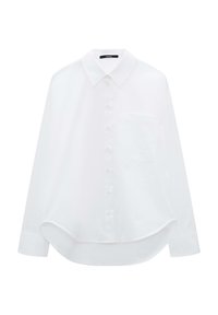 Camicia bianca con colletto a punta, maniche lunghe, bottoni frontali, taschino sul petto, orlo curvo, realizzata in tessuto morbido. Dettaglio logo discreto.