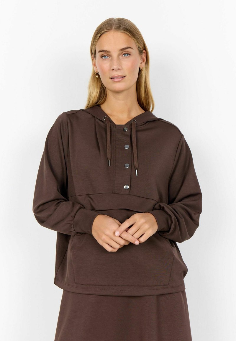 Brauner Hoodie aus weichem Stoff, mit einem Knopfdetail an der Brust, Kordelzugkapuze und langen Ärmeln. Einfaches Design mit lockerer Passform.