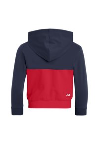 Red and navy hooded sweatshirt with a zippered front, ribbed cuffs, and hem; features a prominent logo on the lower back.