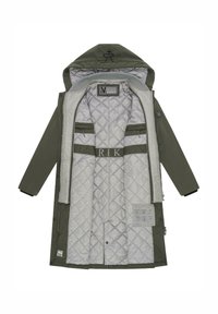 Olive green outer jacket with a silver quilted lining, zippered front, removable hood, and multiple interior pockets. Features stitched patterns.