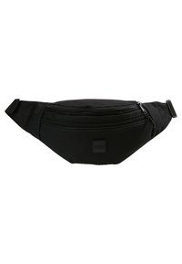 Sac banane en tissu noir avec deux compartiments zippés et une sangle réglable, avec un petit patch logo "Urban Classics".