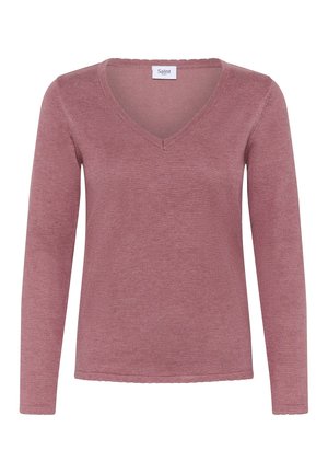 Ilgas rankovėmis, V formos kaklo megztinis iš minkštos, tekstūruotos medžiagos. Spalva: švelni rožinė. Turi bangelėmis nupjautą apačią ir mažą prekės ženklo etiketę prie kaklo.