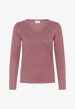 Ilgas rankovėmis, V formos kaklo megztinis iš minkštos, tekstūruotos medžiagos. Spalva: švelni rožinė. Turi bangelėmis nupjautą apačią ir mažą prekės ženklo etiketę prie kaklo.