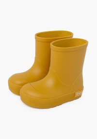 Bottes de pluie en caoutchouc jaune avec des semelles texturées et un design supérieur lisse, dotées d'une doublure durable et confortable ainsi que d'accents de marque.