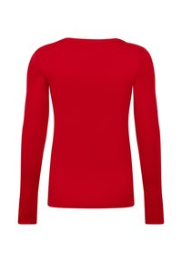 Rode langemouw geribbelde shirt met een ronde halslijn en een aansluitend ontwerp. Gladde textuur en effen kleur, zonder patronen of accenten.