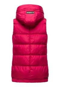 Padded pink vest with a high collar and hood, featuring quilted sections and a brand label at the back. Smooth, shiny texture.