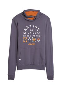 Paars hoodie met hoge kraag, oranje voering en voorzak. Bevat grafische tekst en geometrische patronen in wit, oranje en zwart.