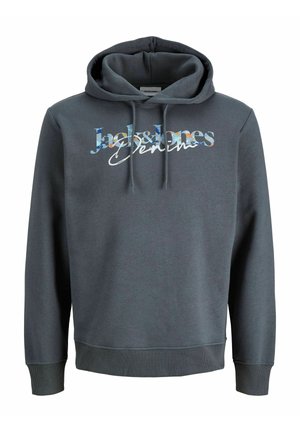 Ciemnoszara bluza z kapturem, z przednimi sznurkami oraz kolorowym logo "Jack & Jones Denim" nadrukowanym na piersi.