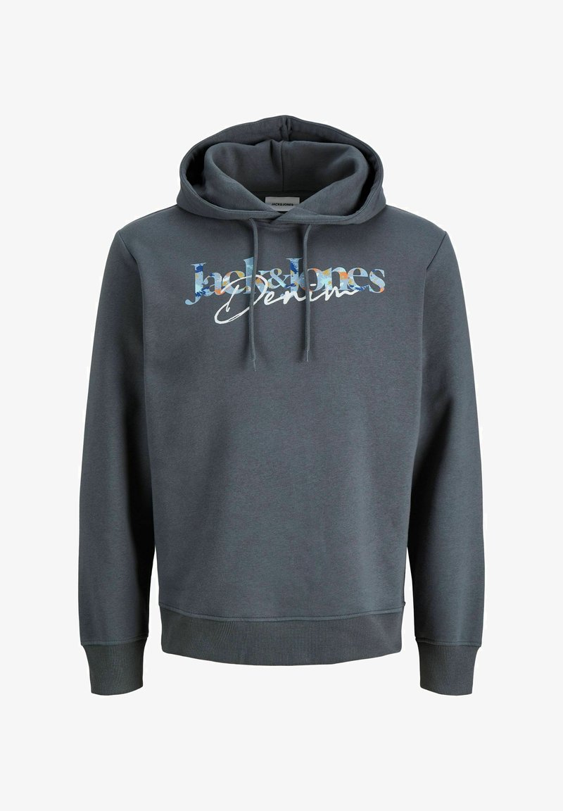 Sweat à capuche gris foncé avec cordons sur le devant et logo coloré "Jack & Jones Denim" imprimé sur la poitrine.