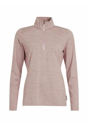 Camiseta de manga larga rosa con cuello con cremallera, que presenta un patrón texturizado y detalles de costura en contraste. Diseño de tejido ligero y versátil.