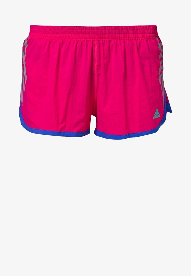 Shorts de sport roses avec un ourlet bleu. Présentent trois bandes argentées sur les côtés et un logo Adidas vert en bas à droite.