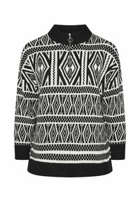 Schwarzer und weißer gestrickter Pullover mit hohem Kragen, ausgestattet mit geometrischen Mustern und einem Viertelreißverschluss am Hals.