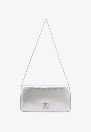 Silver leather clutch bag with a smooth texture, rectangular shape, and a silver chain strap. Features a logo "RC" on the front.