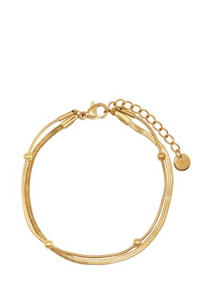 Delikates Goldarmband mit doppelter Kette, kleinen runden Perlen, Karabinerverschluss und verstellbarer Kette mit rundem Anhänger.