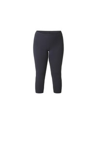 Zwarte, capri-lengte leggings gemaakt van rekbaar materiaal, met een brede, elastische tailleband en een gladde textuur zonder zichtbare naden.