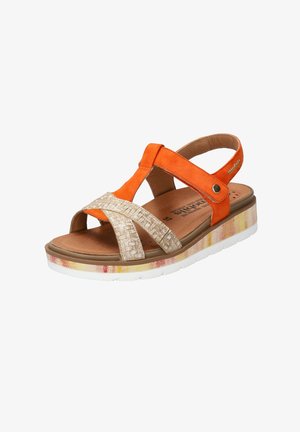 Sandale pour femme avec bride en T en daim orange, brides croisées beiges texturées, semelle intérieure rembourrée et plateforme à motifs multicolores.