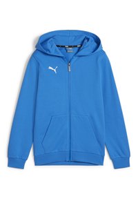 Veste à capuche zippée bleue en tissu lisse avec une poche kangourou et le logo Puma blanc sur la poitrine. Manches et ourlet côtelés.