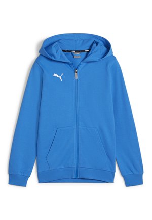 Helle blaue Kapuzenjacke mit Reißverschluss aus glattem Material, mit einer Kängurutasche und weißem Puma-Logo auf der Brust. Rippstrickbündchen und Saum.