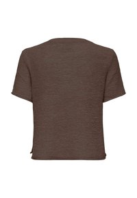 Haut brun foncé à manches courtes en tissu texturé. Design simple avec col rond, ourlet droit et fentes latérales pour faciliter les mouvements.