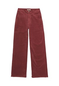 Pantalones de pana de pierna ancha en burdeos, con bolsillos frontales, cierre de botón y una tela suave y texturizada.
