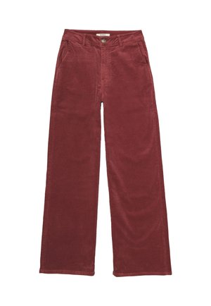 Bordeauxkleurige corduroy broek met wijde pijpen, voorzien van voorzakken, een knoopsluiting en een zachte, gestructureerde stof.