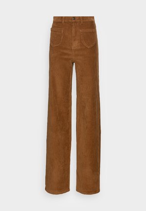 Pantalon marron en velours côtelé taille haute, jambes larges, avec poches plaquées devant et fermeture par boutons.