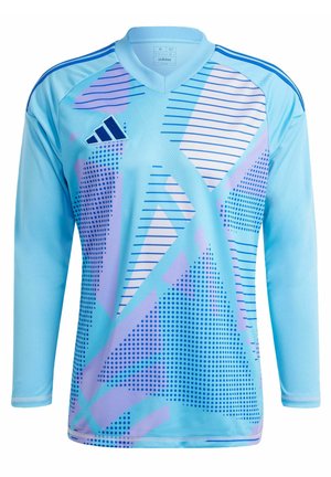 Lichtblauwe longsleeve trui met geometrische patronen en lijnen in paars en blauw. Bevat het Adidas-logo op de linkerborst en een geribde kraag.