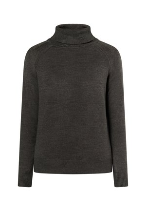 Mørkegrå rullekravesweater med ribbet tekstur, lange ærmer og et tætsiddende design. Har en høj krave og en ensfarvet krop uden mønstre.