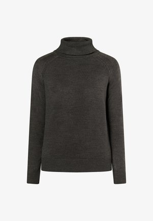 Donkergrijze turtleneck sweater met geribbelde structuur, lange mouwen en een aansluitend ontwerp. Heeft een hoge kraag en een effen lichaam zonder patronen.
