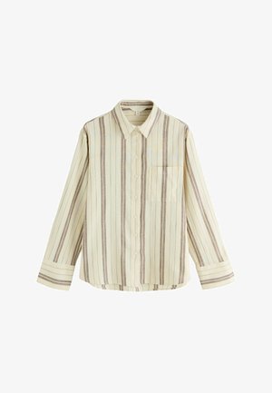Camisa de manga larga con botones, con rayas verticales en beige y marrón, cuello puntiagudo, bolsillo delantero y mangas con puños.