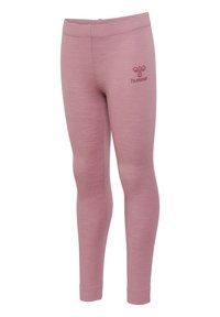 Roze leggings van zacht stof met een elastische tailleband; heeft een klein Hummel-logo gedrukt aan de voorkant, linkerkant.