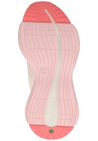 Lättviktig sneakersula med en texturerad rosa gummiyta och vit mellansula. Har ett logotryck och en grön accent på hälen.