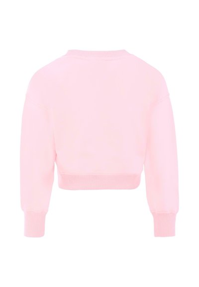 Felpa corta in morbido tessuto rosa chiaro con polsini e orlo a costine, caratterizzata da un colletto rotondo e una vestibilità comoda.