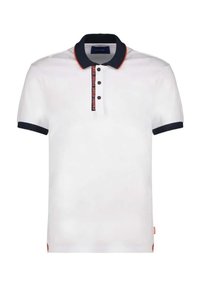 Polo a maniche corte in cotone bianco, con colletto e polsini blu navy, dettagli in piping rosso, patta con tre bottoni e dettagli con spacco laterale.