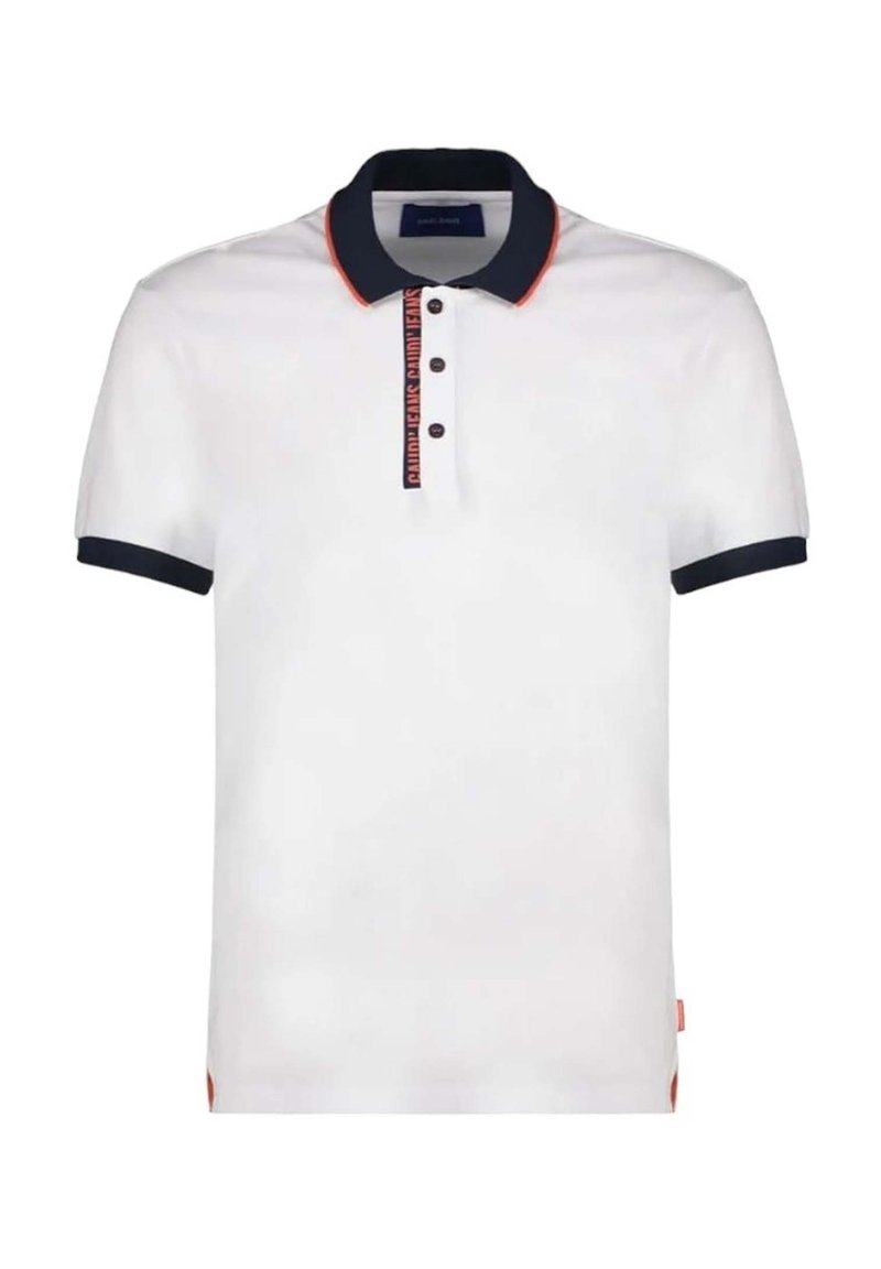 Polo a maniche corte in cotone bianco, con colletto e polsini blu navy, dettagli in piping rosso, patta con tre bottoni e dettagli con spacco laterale.