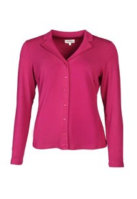 Fuchsia Langarmhemd mit Kragen, mit einer durchgehenden Knopfleiste und glatter Textur. Einfaches Design, keine Muster oder Akzente sichtbar.