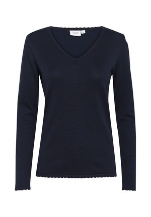Tamno plavi pulover dugih rukava s rebrastom teksturom, V-izrezom i valovitim rubovima na izrezu i donjem rubu. Izrađen od mekanog, elastičnog materijala.